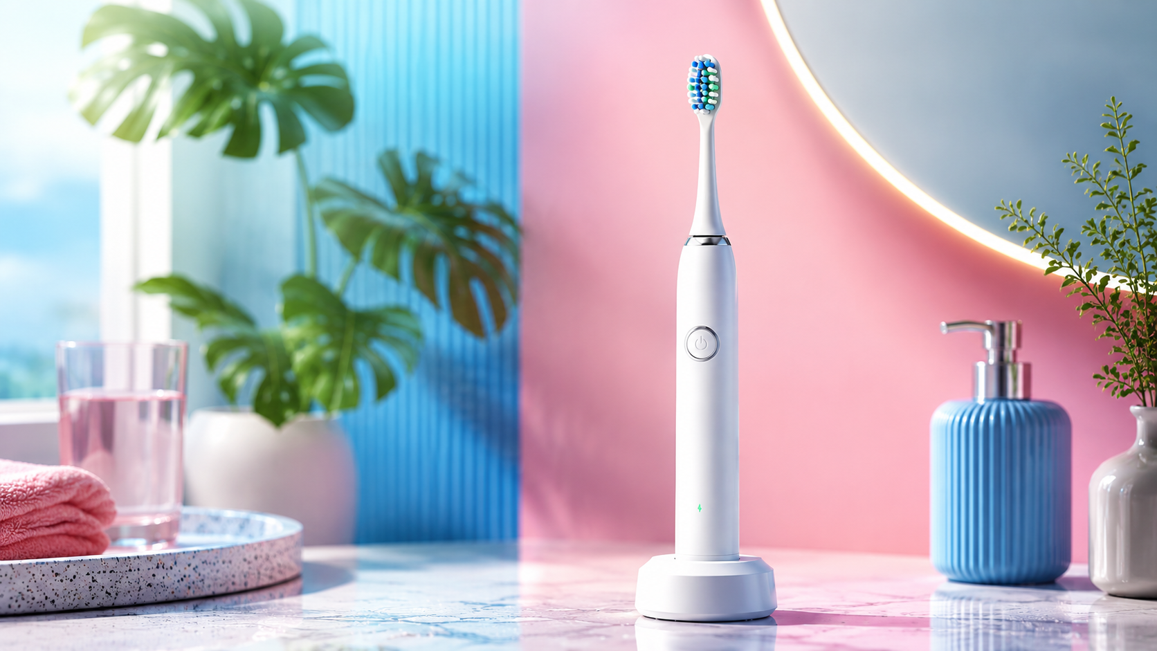 Electric toothbrush in a bright bathroom setting with oral-care accessories