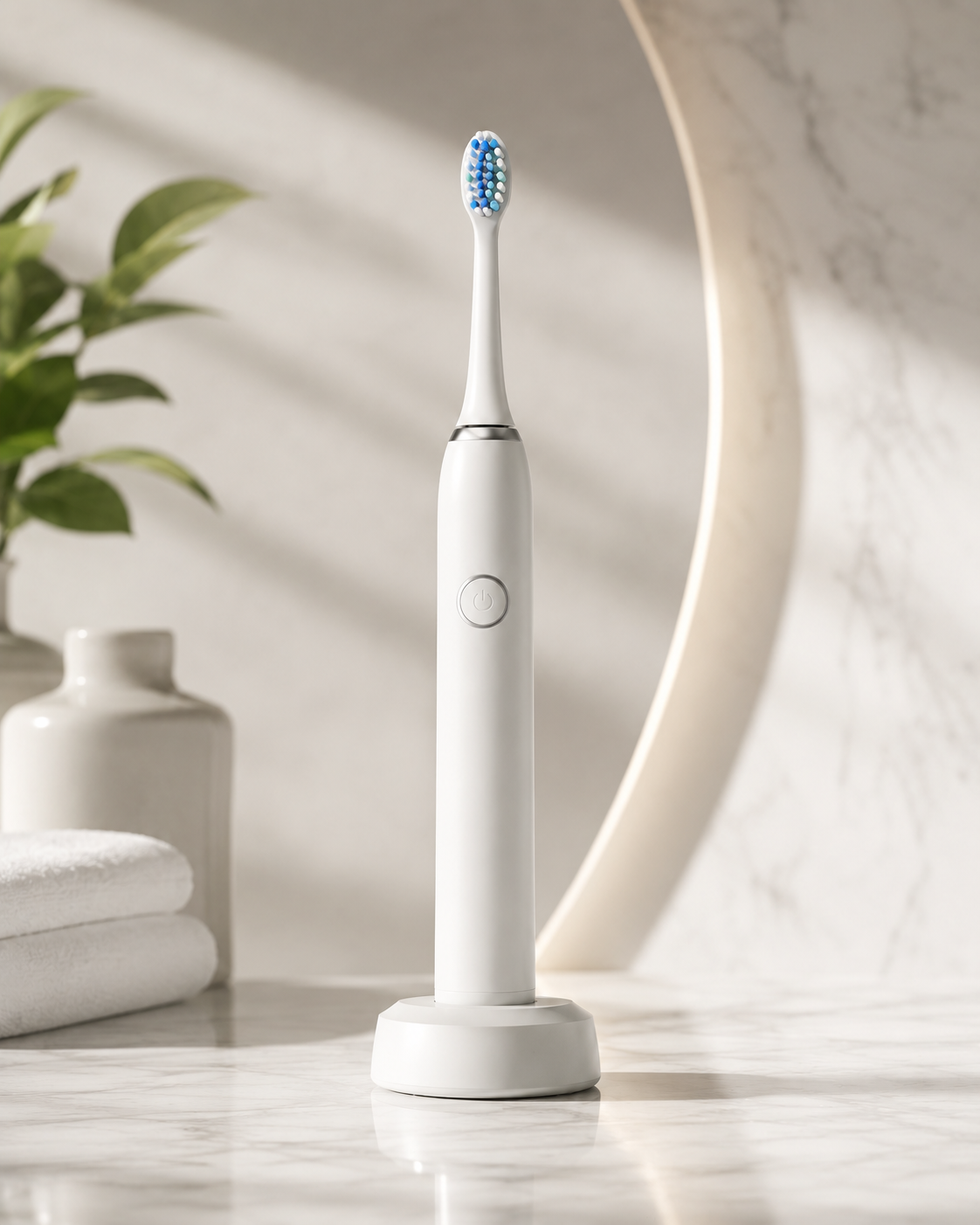 Electric toothbrush standing on a charging base beside a mirror