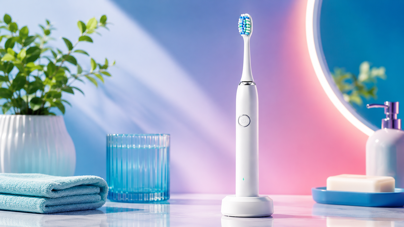 Electric toothbrush on a colorful bathroom counter with towels and accessories